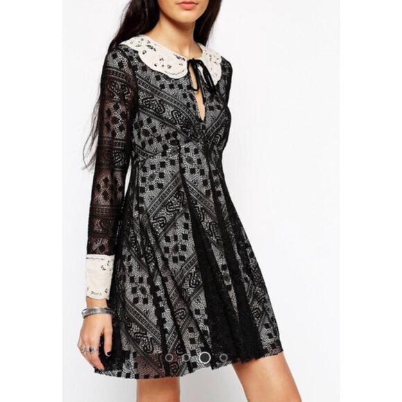 Free People Talk The Talk Demure Lace Long Sleeve Mini Dress Black 6 - Picture 1 of 9